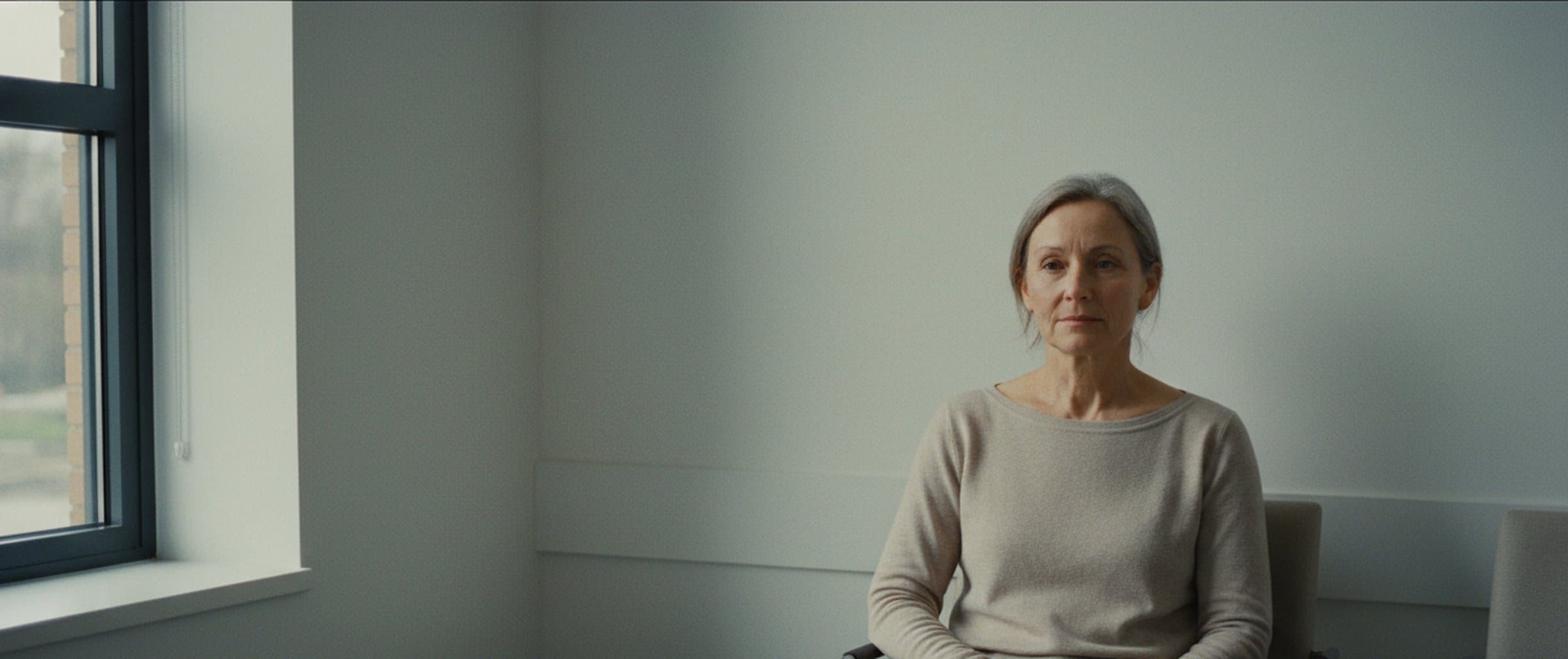 A woman in her early 50s seated in a quiet consulting room, soft daylight from a tall window to her side — composed, unhurried, considered.