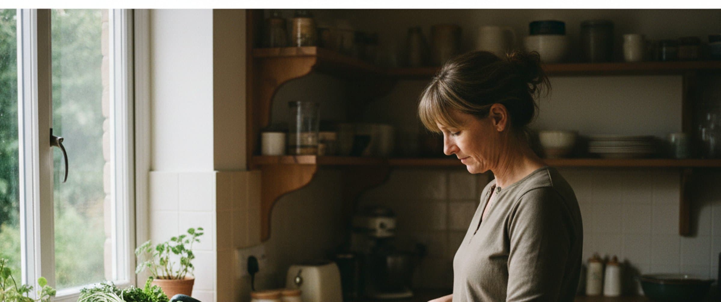 A woman in her late 40s standing at a UK kitchen counter, soft daylight from a window on the left, open shelving with ceramic jars behind her, herbs and a cutting board on the counter foreground.