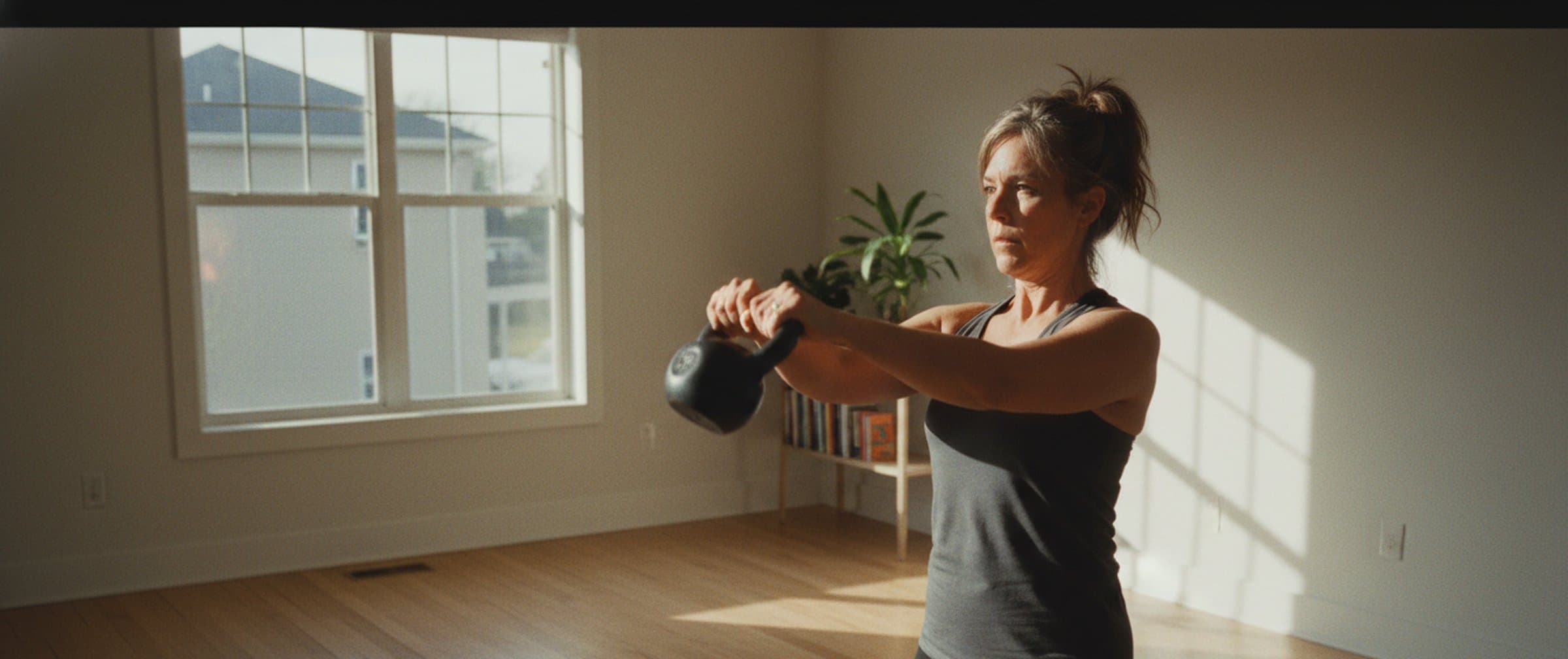 A woman in her 40s mid-rep with a kettlebell in a sunlit home workout space, large window behind her — composed, mid-effort, real.