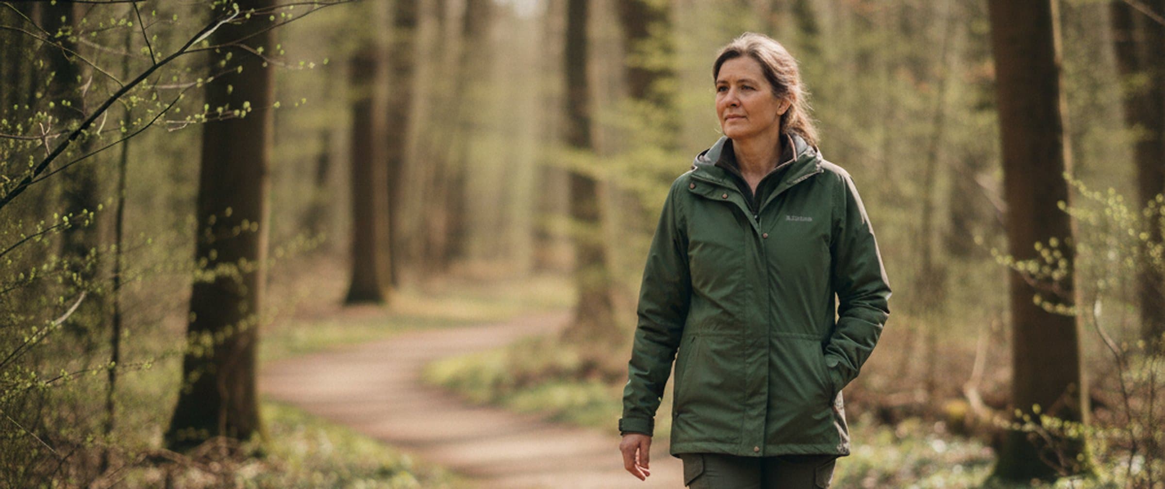 A woman in her late 50s in a green jacket walking a quiet woodland path in soft daylight — relaxed pace, real skin, unposed.