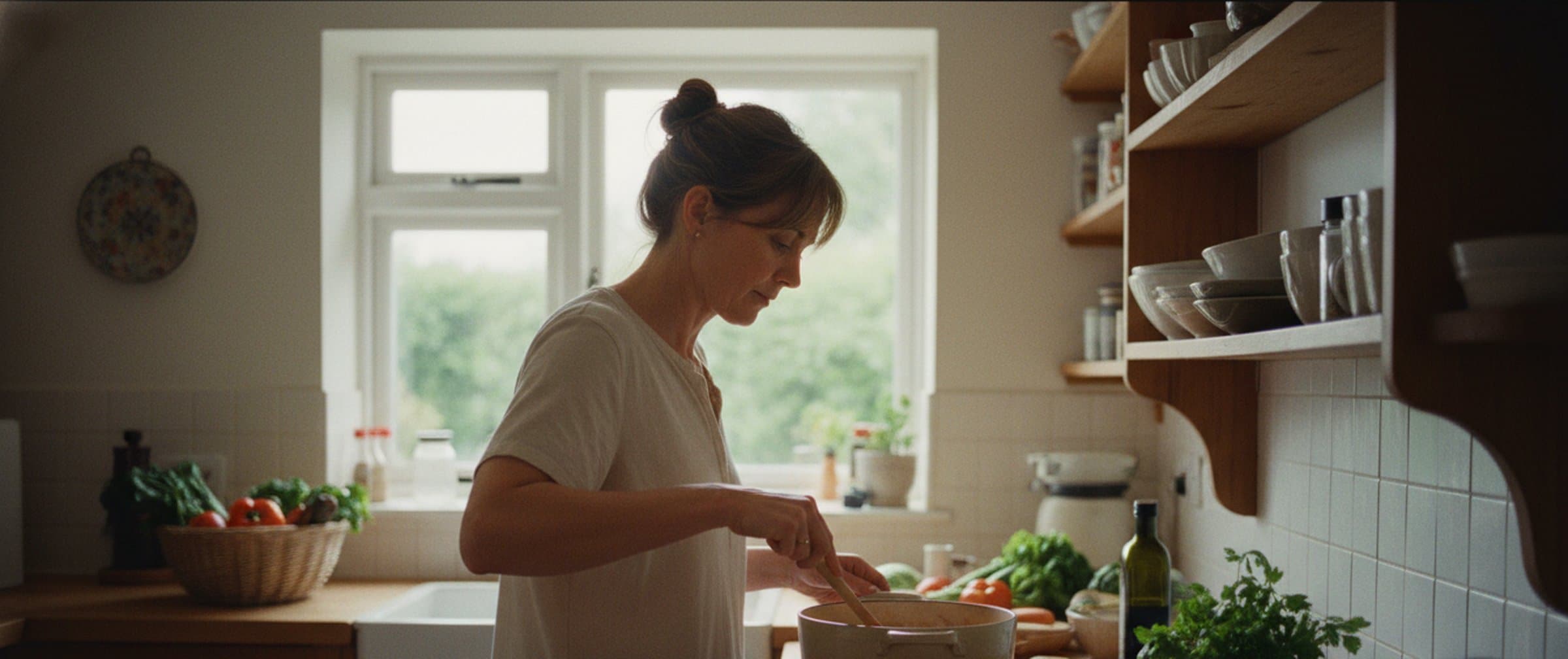 A woman in her 40s at a UK kitchen counter in soft daylight, stirring a pot, vegetables and a basket of greens beside her, open shelving and a window with garden green visible behind.