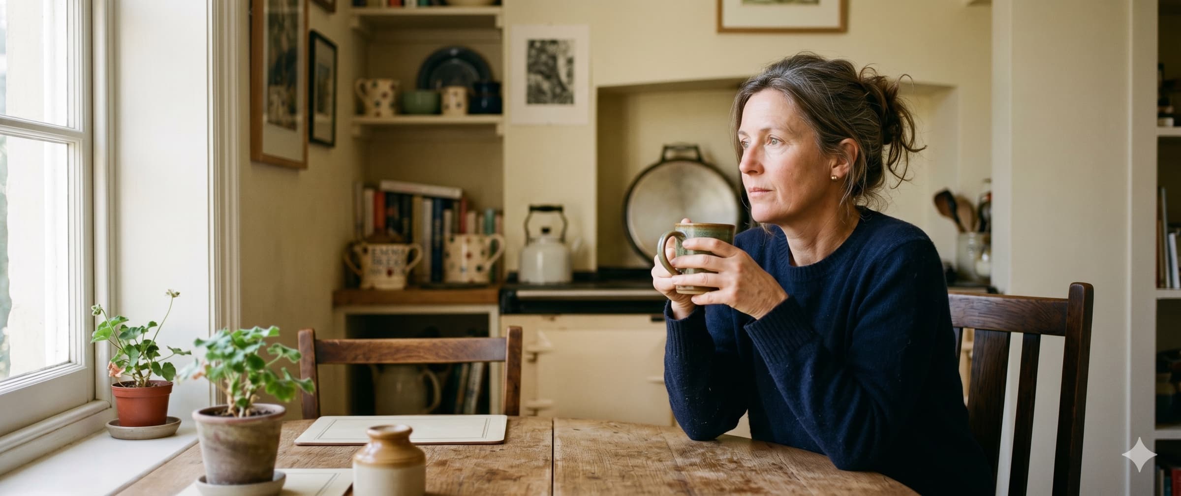 A woman in her late 40s sits at a wooden kitchen table holding a ceramic mug, looking thoughtfully toward a window. Soft natural side-lighting, real skin texture, English cottage interior.