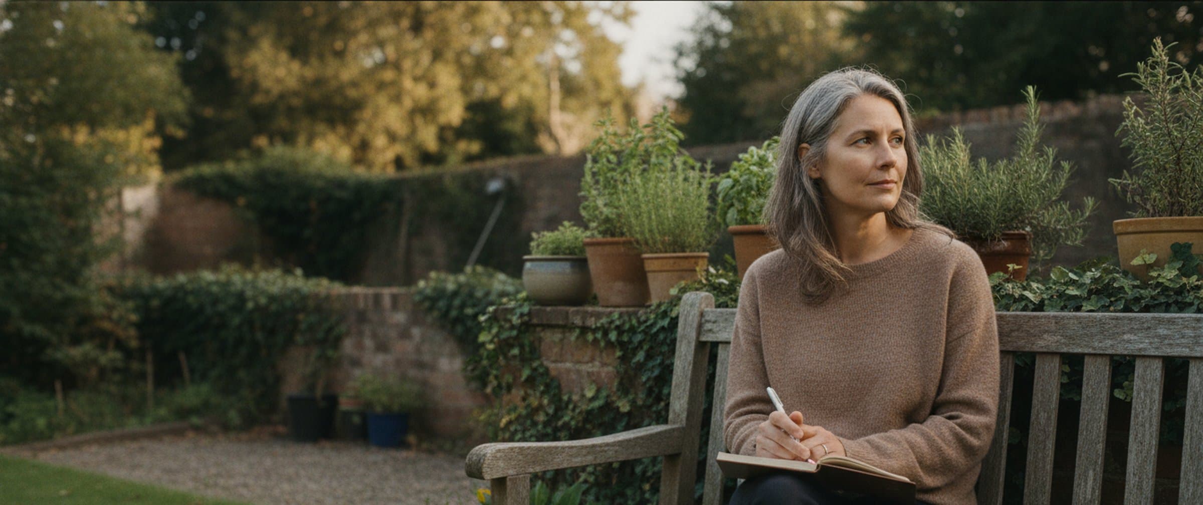 A woman in her 40s sitting on a wooden garden bench in soft daylight, notebook on her lap, looking out across a quiet British garden — contemplative, unhurried.