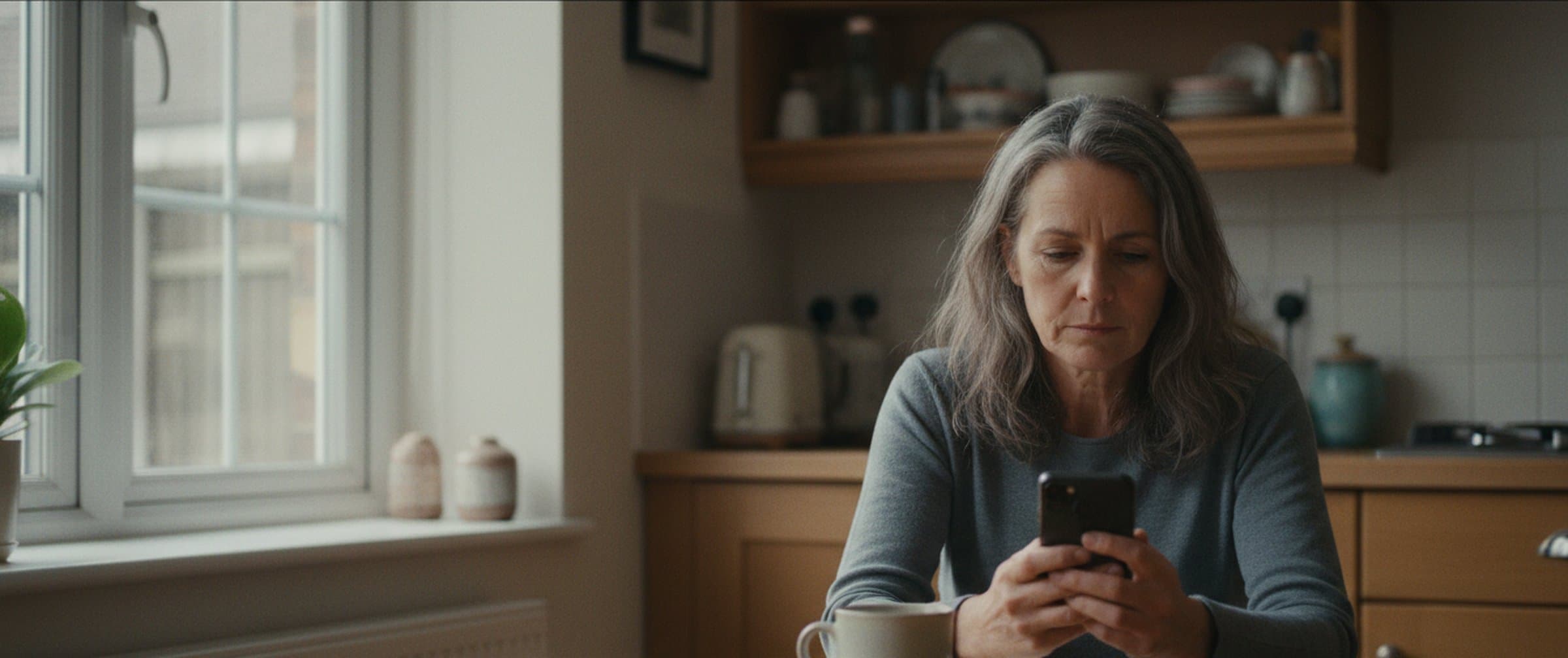 A woman in her late 40s seated at a UK kitchen table reading a phone, mug beside her, soft daylight from a sash window — composed, considered, real.